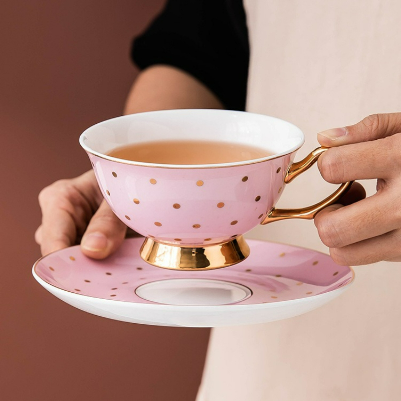 Tea Coffee Pot Set - Ceramic Pink Coffee Mugs with Dish