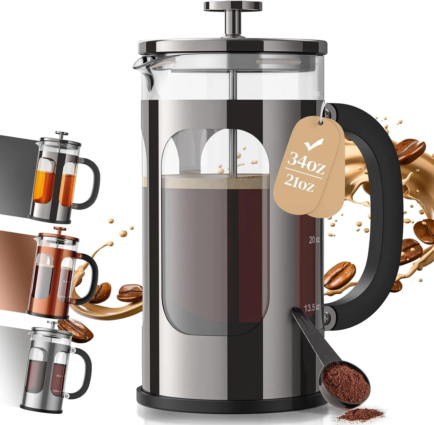 French Press Glass - French Press Coffee Maker 34oz, No