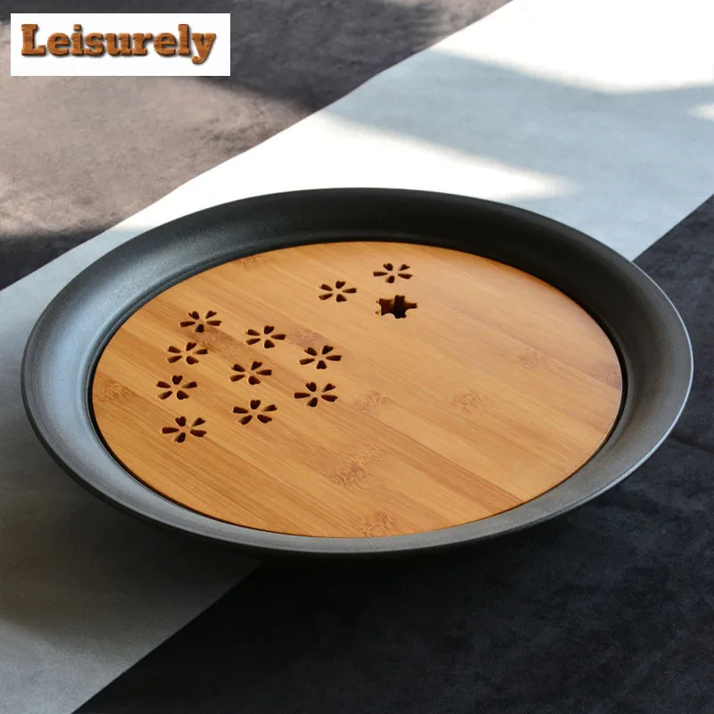 Bamboo Tea Tray - 900ML Japanese Bamboo Cover Black Pottery