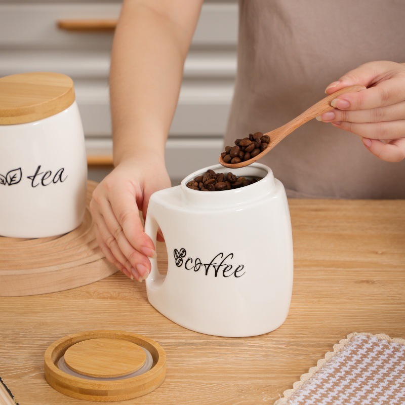 Ceramic Storage Jar with Bambo - Canister Coffee Sugar Tea recension och pris